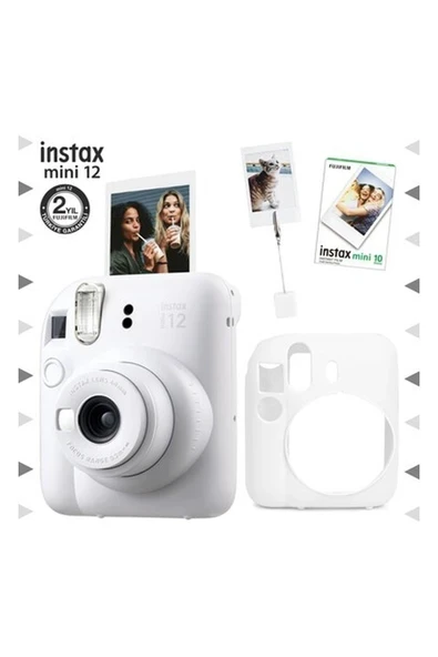 Fujifilm Instax Mini 12 Beyaz Fotoğraf Makinesi - 10'lu Film - Kıskaçlı Resim Standı ve Silikon Kılıf Seti ürün görseli 1