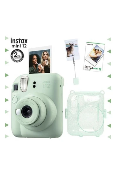 Fujifilm Instax Mini 12 Yeşil Fotoğraf Makinesi - 10'lu Film - Kıskaçlı Resim Standı ve Simli Pleksi Kılıf Seti ürün görseli 1