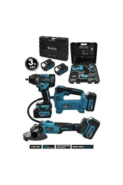Assur 21V Çift Akü 800 Nm Somun Sıkma Sökme 125 Mm Taşlama Hava Pompası 3'lü Set ürün görseli 1