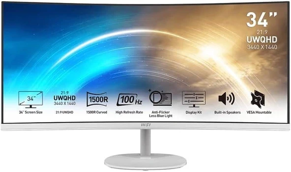 MSI 34 PRO MP341CQW 3440x1440 (UWQHD) CURVED 1500R VA 100HZ 1MS ANTI-GLARE BEYAZ MONITOR ürün görseli 1