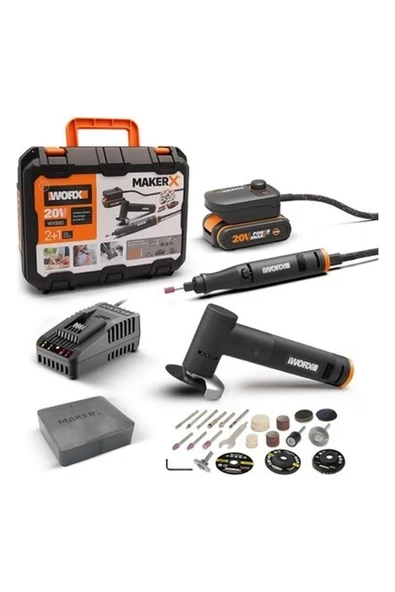Worx WX990 Makerx 20VOLT 2.0AH. Kömürsüz Profesyonel Kalem Tipi Devir Ayarlı Gravür + 50MM Açılı Avuç Taşlama Kombo Set + 39 Parça Aksesuar ürün görseli 1