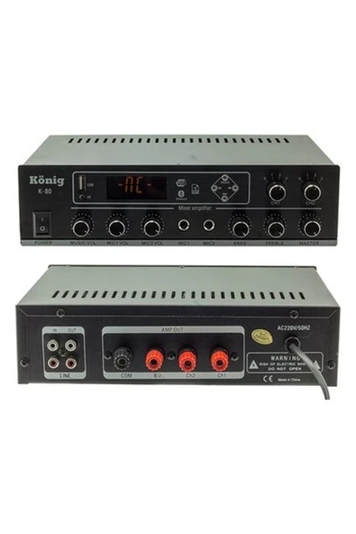 König K-80 MİNİ-80W 100V/70V/4-16 Ohm Usb/sd/bluetooth/2 Bölgeli 2 Mik.giriş Trafolu Anfi (4887) ürün görseli 1
