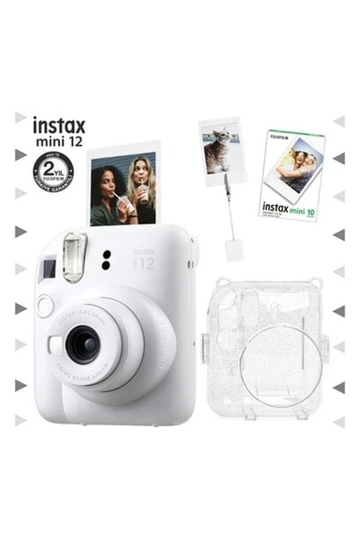 Fujifilm Instax Mini 12 Beyaz Fotoğraf Makinesi - 10'lu Film - Kıskaçlı Resim Standı ve Simli Pleksi Kılıf Seti ürün görseli 1
