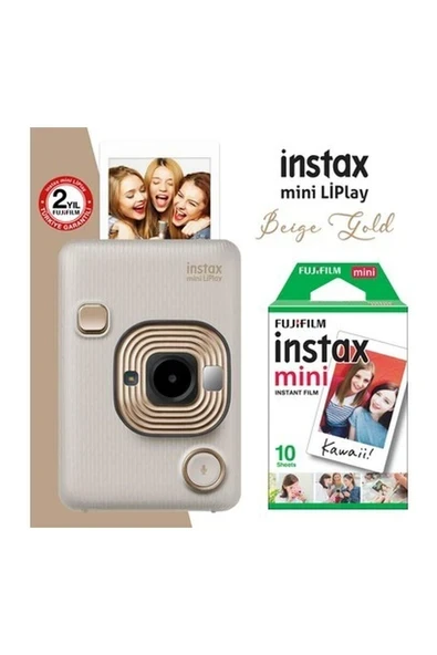 Instax Mini Liplay Hybrid Beige Fotoğraf Makinesi Gold + Mini Film 10'lu ürün görseli 1