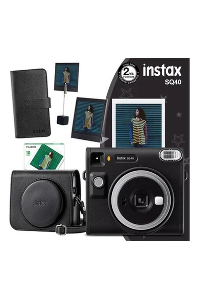 Instax SQ40 Siyah Fotoğraf Makinesi 10'lu Kare Film Deri Kılıf Albüm Pleksi Çerçeve ve Kıskaçlı Stand ürün görseli 1