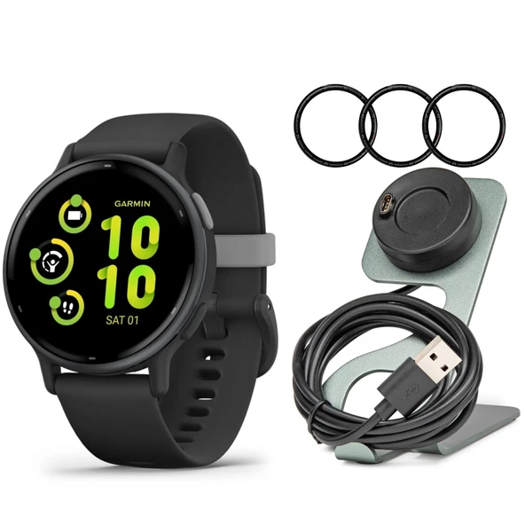 Garmin Forerunner 165 GPS Smartwatch (Black and Slate Gray) Log with Tempered Glass Ekran Koruyucu ve Portatif Şarj Standı (3 Madde) ürün görseli 1