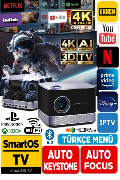 Aurzen Boom 3 4K Android Projeksiyon Cihazı + Auto Focus + Auto Keystone + 6G WiFi + 5.2 Bluetooth + ürün görseli 1