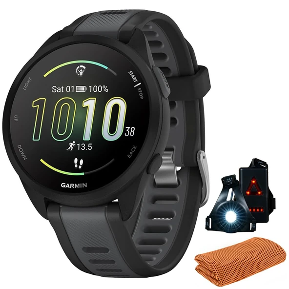 Garmin 010-02863-20 Forerunner 165 Smart Sport Watch, Black + Slate Gray | Resmi ABD Ortak Modeli | Spor Havlusu + Deco Essentials Wearable Commuter Front & Arka Güvenlik Işığı ürün görseli 1