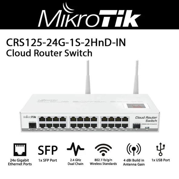 MikroTik CRS125-24G-1S-2HnD-IN, 4dBi, 30dBm, 600MHz, 128MB, 2,4GHz, 24xGigabit, SFP, LCD, microUSB, L5 ürün görseli 1