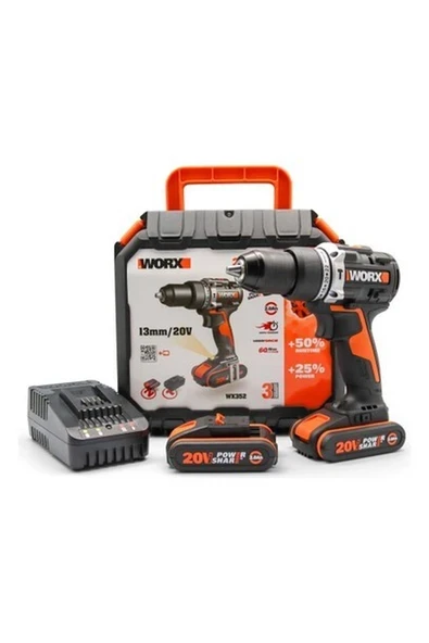 Worx WX352 20 Volt/2.0 Ah Li-Ion Çift Akülü Kömürsüz  Şarjlı Darbeli Matkap ürün görseli 1