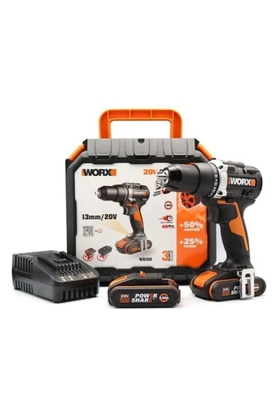 Worx WX102 20VOLT/2.0AH Li-Ion Çift Akülü Kömürsüz Şarjlı Matkap ürün görseli 1