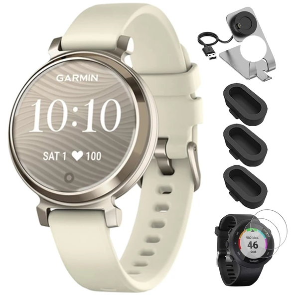Garmin 010-02208-00 Lily 2 Smartwatch Cream Gold with Coconut Silikon Bant Sche with Deco Essentials Şarj Dock, Silikon Dust Cover 3 Pack ve Tempered Glass Ekran Koruyucu 2 Pack ürün görseli 1