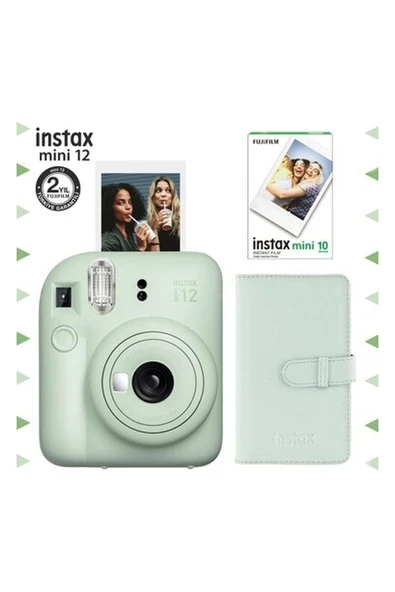 Fujifilm Instax Mini 12 Yeşil Fotoğraf Makinesi-10'lu Film ve Laporta Albüm Seti ürün görseli 1