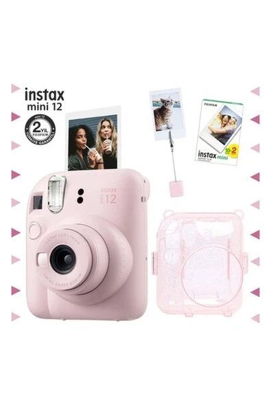 Fujifilm Instax Mini 12 Pembe Fotoğraf Makinesi - 20'li Film - Kıskaçlı Resim Standı ve Simli Pleksi Kılıf Seti ürün görseli 1