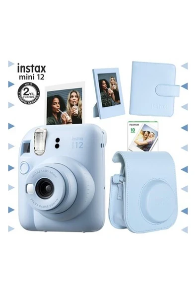 Fujifilm Instax Mini 12 Mavi Fotoğraf Makinesi-10'lu Film-Çerçeve-Kare Albüm ve Deri Kılıf Seti ürün görseli 1