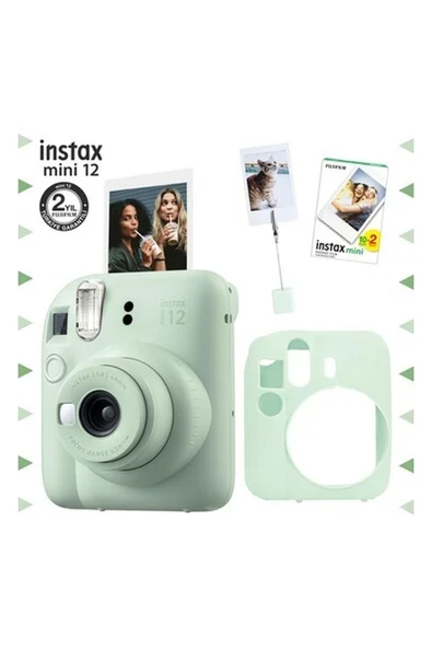 Fujifilm Instax Mini 12 Yeşil Fotoğraf Makinesi - 20'li Film - Kıskaçlı Resim Standı ve Silikon Kılıf Seti ürün görseli 1
