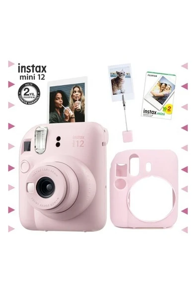 Fujifilm Instax Mini 12 Pembe Fotoğraf Makinesi - 20'li Film - Kıskaçlı Resim Standı ve Silikon Kılıf Seti ürün görseli 1