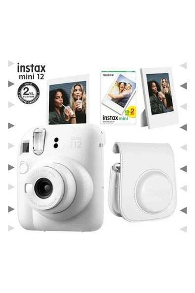 Instax Mini 12 Beyaz Fotoğraf Makinesi-20'li Film-Çerçeve ve Deri Kılıf Seti ürün görseli 1