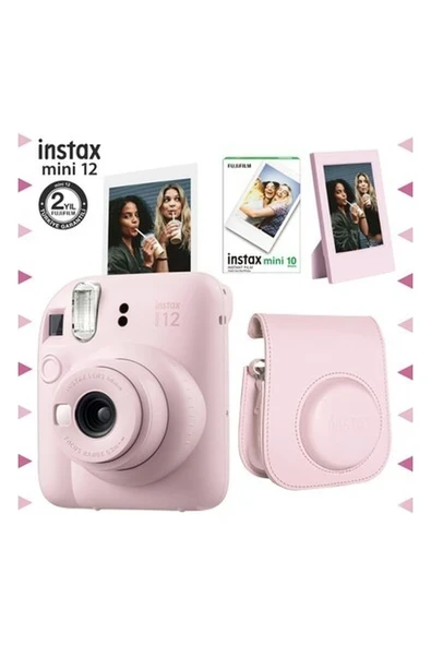 Fujifilm Instax Mini 12 Pembe Fotoğraf Makinesi-10'lu Film-Çerçeve ve Deri Kılıf Seti ürün görseli 1