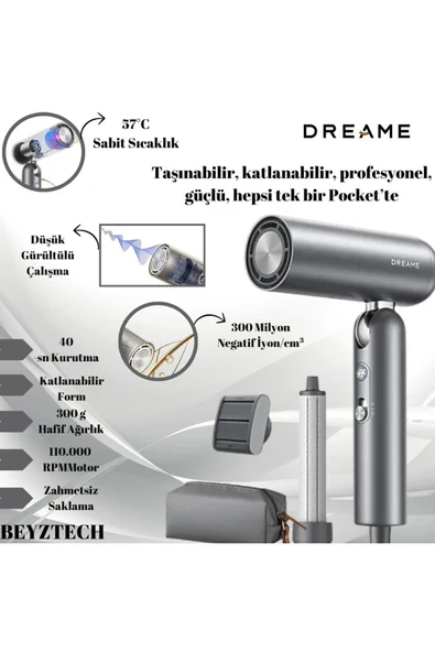 110.000 RPM Motor Düşük Gürültülü Çalışma 40-sn Kurutma 3 Katlanabilir Form Zahmetsiz Saklama ürün görseli 1
