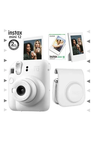 Instax Mini 12 Beyaz Fotoğraf Makinesi-10'lu Film-Çerçeve ve Deri Kılıf Seti ürün görseli 1