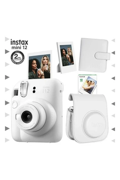 Instax Mini 12 Beyaz Fotoğraf Makinesi-10'lu Film-Çerçeve-Kare Albüm ve Deri Kılıf Seti ürün görseli 1