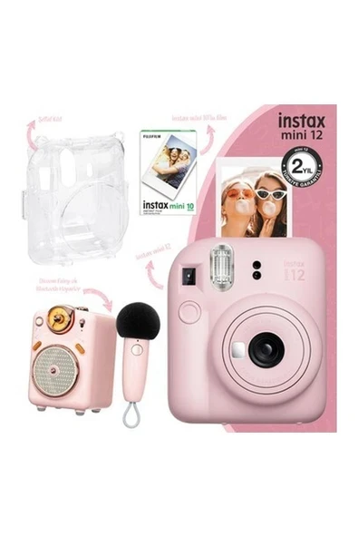 Fujifilm Instax Mini 12 Pembe Fotoğraf Makinesi-10'lu Film-Şeffaf Kılıf ürün görseli 1