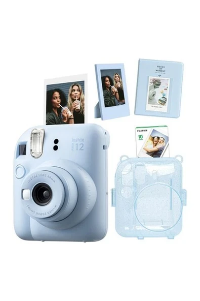 Fujifilm St5-10-Pa-Pk-C Instax Mini 12 Mavi Fotoğraf Makinesi Simli Pleksi Kılıf Pvc Albüm 10'lu Film ve Çerçeveli Hediye Seti ürün görseli 1