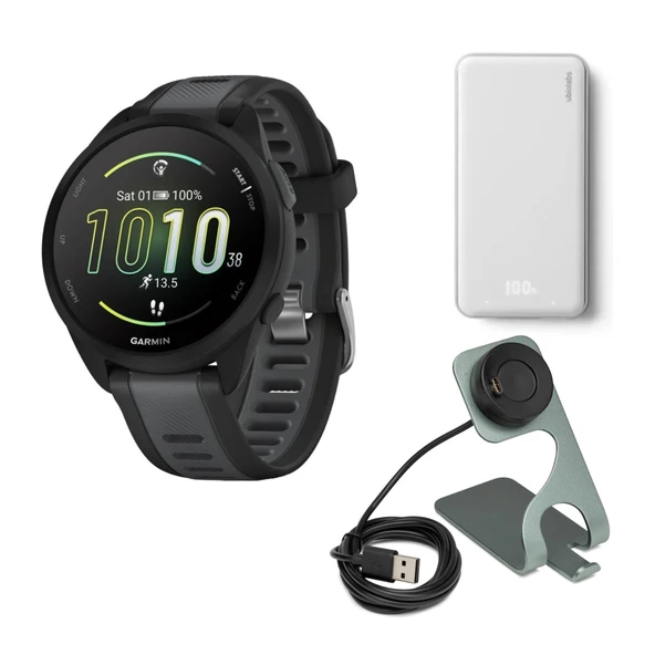 Garmin Forerunner 165 GPS Smartwatch (Black ve Slate Gray) Sche with Silhouette 6.000mAh Portatif Accessory (Beyaz) ve Focus Camera Portable Şarj Stand ve USB Şarj Kablolu (3) ürün görseli 1