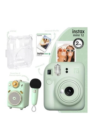 Fujifilm Instax Mini 12 Yeşil Fotoğraf Makinesi-10'lu Film-Şeffaf Kılıf ve Divoom Fairy-Ok Yeşil Karaoke Mikrofonlu Fm Radyolu Bluetooth Hoparlör ürün görseli 1