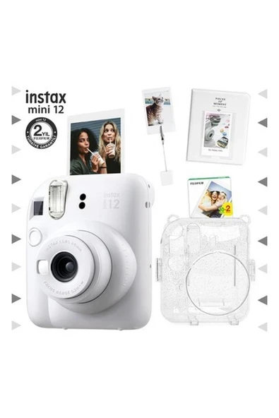 Fujifilm Instax Mini 12 Beyaz Fotoğraf Makinesi - 20'li Film - Kıskaçlı Stand - Pvc Albüm ve Simli Pleksi Kılıf Seti ürün görseli 1