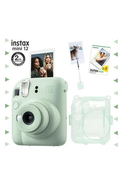 Fujifilm Instax Mini 12 Yeşil Fotoğraf Makinesi - 20'li Film - Kıskaçlı Resim Standı ve Simli Pleksi Kılıf Seti ürün görseli 1