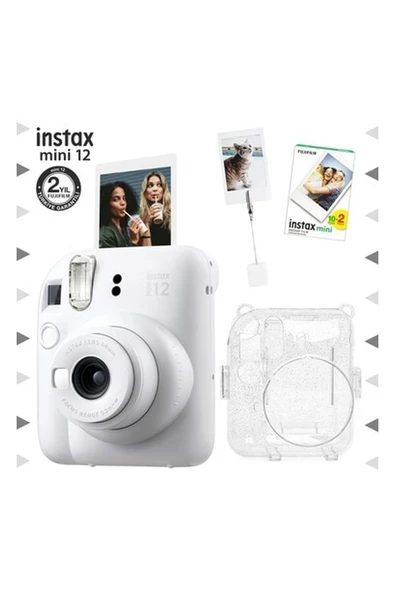 Fujifilm Instax Mini 12 Beyaz Fotoğraf Makinesi - 20'li Film - Kıskaçlı Resim Standı ve Simli Pleksi Kılıf Seti ürün görseli 1