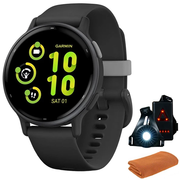 Garmin 010-02862-10aktif 5 Fitness Smartwatch, Black Sche with Workout Soğutma Sport Havlu ve Deco Essentials Wearable Commuter Front ve Arka Güvenlik Işığı Işık ürün görseli 1