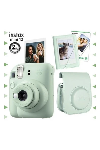 Fujifilm Instax Mini 12 Yeşil Fotoğraf Makinesi-10'lu Film-Mini Albüm ve Deri Kılıf Seti ürün görseli 1