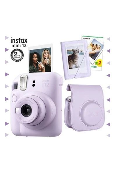 Fujifilm Instax Mini 12 Lila Fotoğraf Makinesi-20'lu Film-Mini Albüm ve Deri Kılıf Seti ürün görseli 1