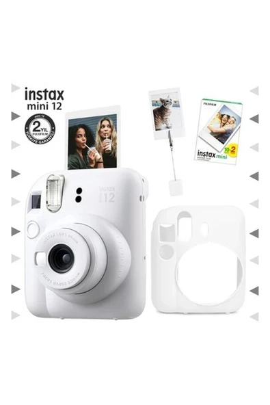 Fujifilm Instax Mini 12 Beyaz Fotoğraf Makinesi - 20'li Film - Kıskaçlı Resim Standı ve Silikon Kılıf Seti ürün görseli 1