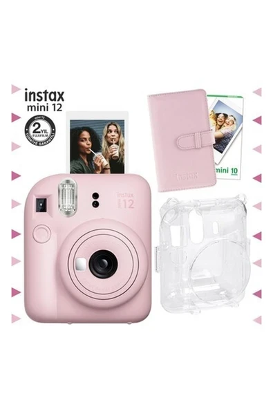 Instax Mini 12 Pembe Fotoğraf Makinesi-10'lu Film-Laporta Albüm ve Şeffaf Kılıf Seti ürün görseli 1