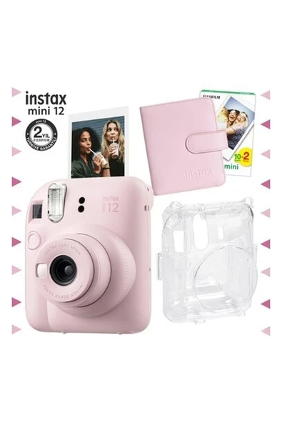 Fujifilm Instax Mini 12 Pembe Fotoğraf Makinesi-20'lu Film-Kare Albüm ve Şeffaf Kılıf Seti ürün görseli 1