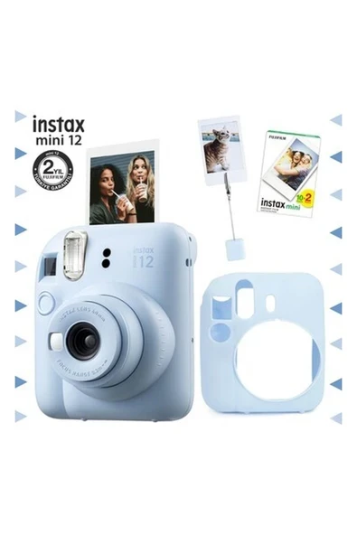 Fujifilm Instax Mini 12 Mavi Fotoğraf Makinesi - 20'li Film - Kıskaçlı Resim Standı ve Silikon Kılıf Seti ürün görseli 1