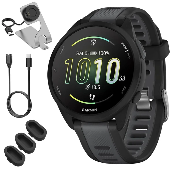 Garmin 010-02863-20 Forerunner 165 Smart Sport Watch, Black + Slate Gray Sche with Deco Essentials Şarj Dock, 3X Dust Cover and USB Type C Şarj ve Sen Cable ürün görseli 1