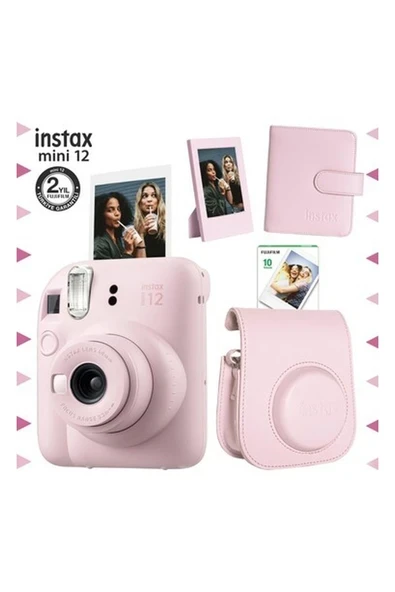 Fujifilm Instax Mini 12 Pembe Fotoğraf Makinesi-10'lu Film-Çerçeve-Kare Albüm ve Deri Kılıf Seti ürün görseli 1