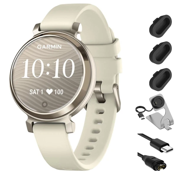 Garmin Lily 2 Smartwatch Cream Gold with Coconut Silikon Band Sche with Şarj Dock for Venu 3 + Silikon Toz Kapak (3-Pack) + USB Type C Şarj ve Sen Kablo ürün görseli 1