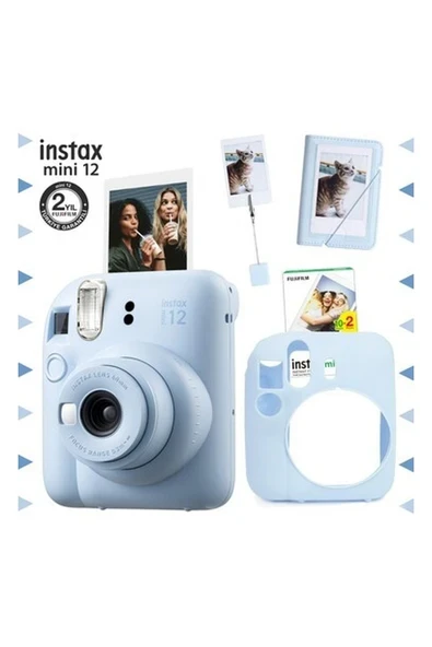 Fujifilm Instax Mini 12 Mavi Fotoğraf Makinesi - 20'li Film - Kıskaçlı Stand - Mini Albüm ve Silikon Kılıf Seti ürün görseli 1