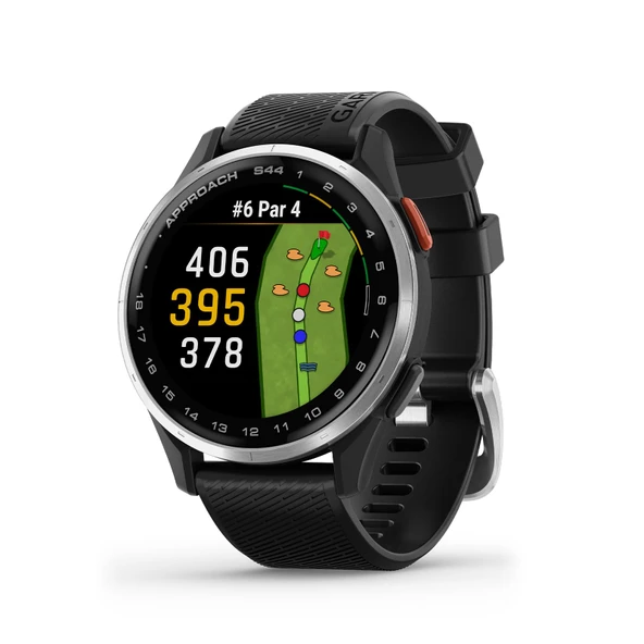 Garmin Approach® S44, Essential Golf GPS Smartwatch, AMOLED Ekran, On-, Özellikler, Gümüş Alüminyum Siyah Band ile Bezel ürün görseli 1
