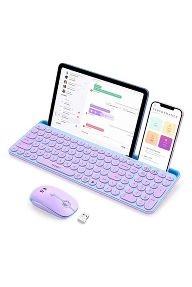 Seenda Yuvarlak Tuşlu Sevimli Kablosuz Klavye ve Mouse, Bluetooth 2.4g - Mavi/pembe ürün görseli 1