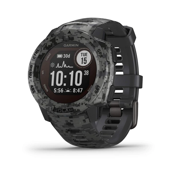 Garmin Instinct Solar, Solar-Powered Rugged Outdoor Smartwatch, built-in Sports Apps and Health Watch, Graphite Camo ürün görseli 1
