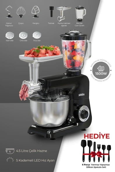 Çok Amaçlı Mutfak Şefi, Hamur, Kıyma, Blender, Hediye Spatula Seti, Siyah ürün görseli 1