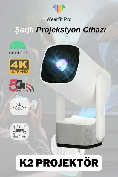 Şarjlı 4K Android Projektör, 5G Wi-Fi, Full HD, Taşınabilir, Beyaz ürün görseli 1