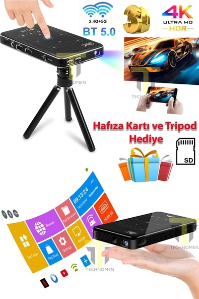 TECHNOMEN 4K Mini Taşınabilir Projeksiyon Android Bluetooth HDMI Hafıza Kartı ve Projektör ürün görseli 1
